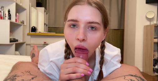 Cute Blowjob from Schoolgirl with Braces and Pigtails